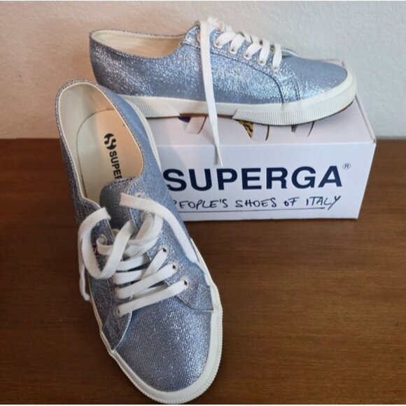 Superga 2750 Womens Light Blue Glitter Sneakers 10 US With Vulcanized Sole - Picture 1 of 5